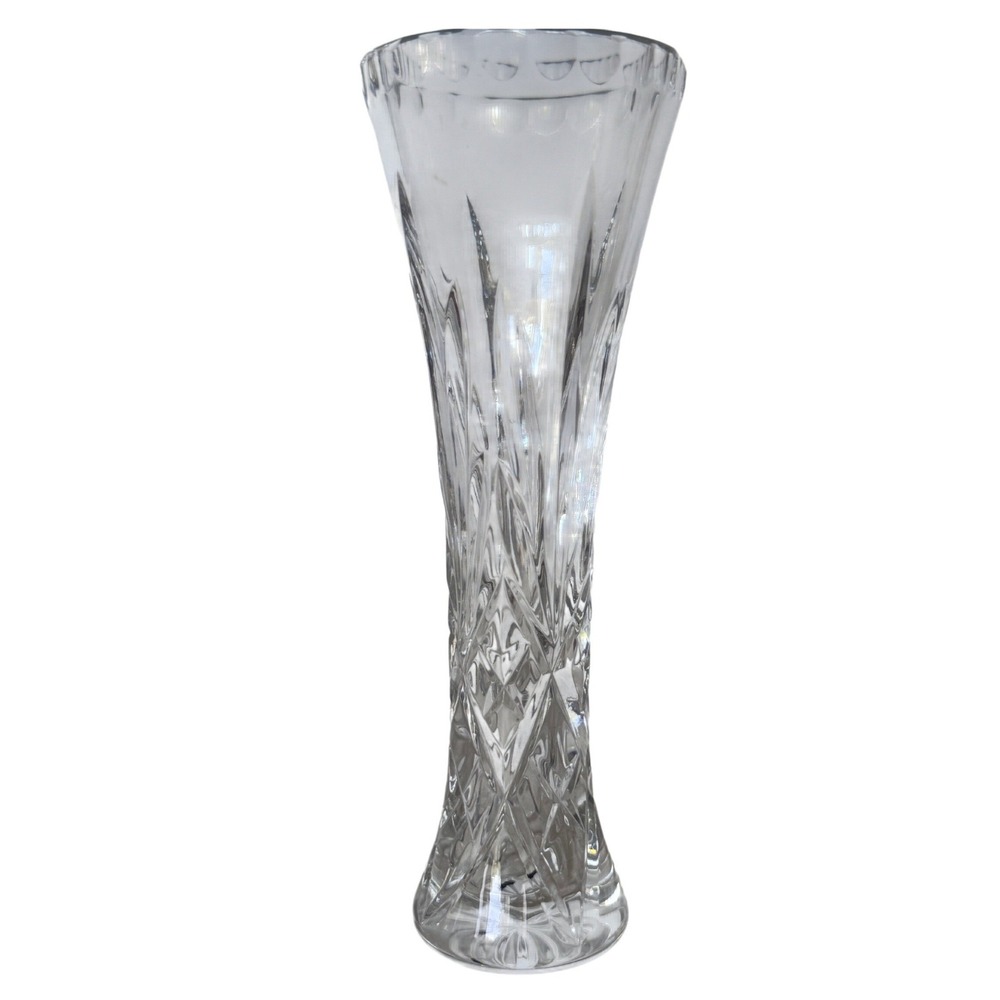 Vintage Clear Cut Crystal Trumpet Bud Vase Scalloped Rim Starburst Base 7.25"